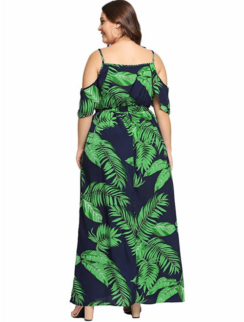 Milumia Women's Plus Size Cold Shoulder Floral Slit Hem Tropical Summer Maxi Dress