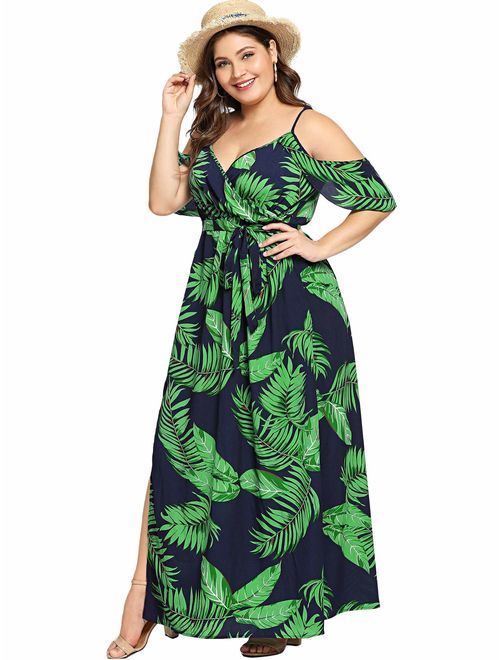 Milumia Women's Plus Size Cold Shoulder Floral Slit Hem Tropical Summer Maxi Dress