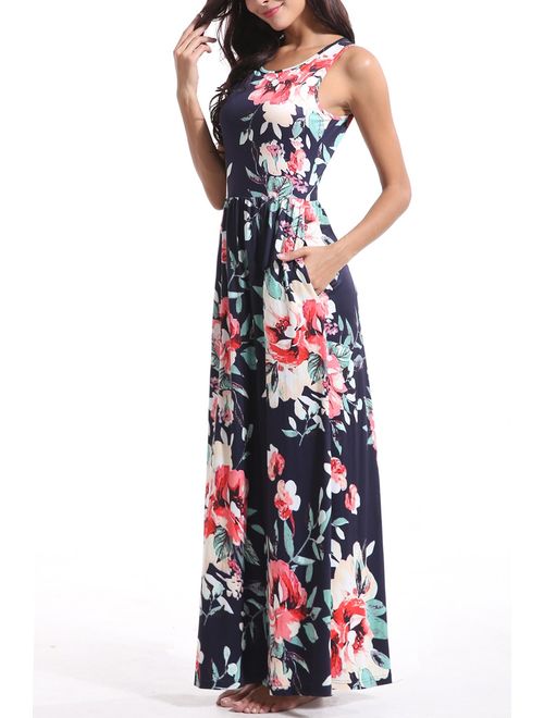 Zattcas Maxi Dresses for Women,Womens Crew Neck Sleeveless Summer Floral Maxi Dress with Pockets
