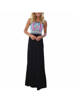 Sherosa Women Boho Chevron Striped Floral Printed Summer Sleeveless Tank Long Maxi Party Dress
