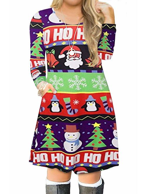 VISLILY Women's Plus Size Christmas Print Casual Swing T-Shirt Dress with Pockets