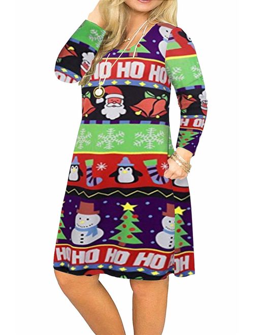 VISLILY Women's Plus Size Christmas Print Casual Swing T-Shirt Dress with Pockets