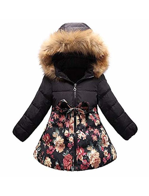 SS&CC Girls' Long Flower Printing Bowknot Winter Hooded Down Jacket