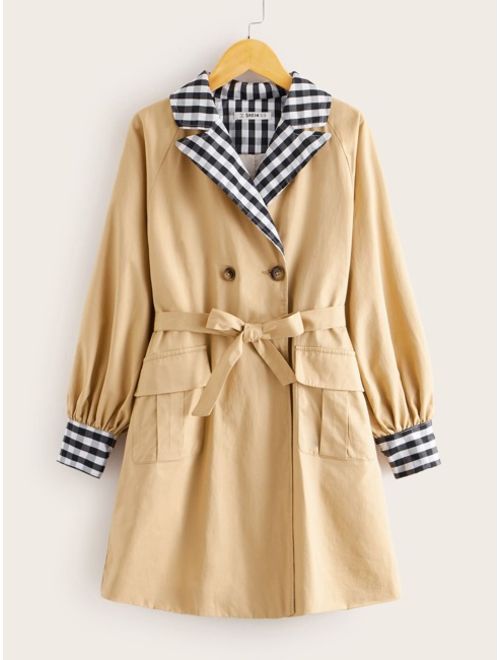 Shein Girls Contrast Gingham Collar Self Belted Trench Coat