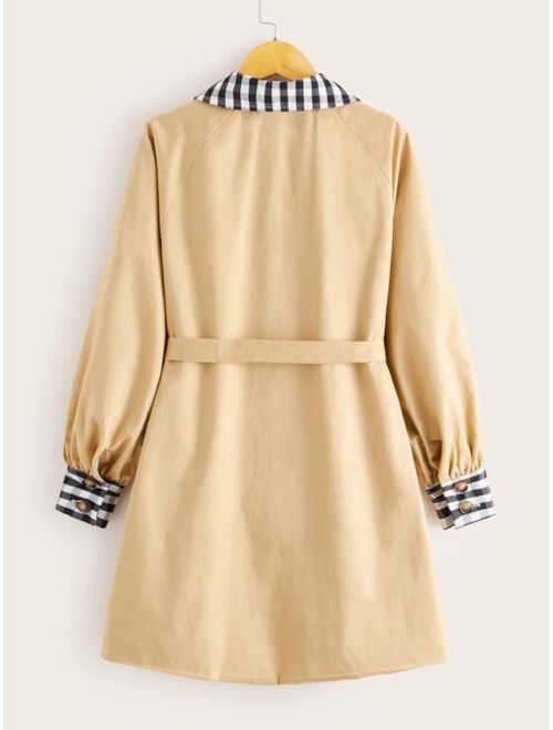Shein Girls Contrast Gingham Collar Self Belted Trench Coat