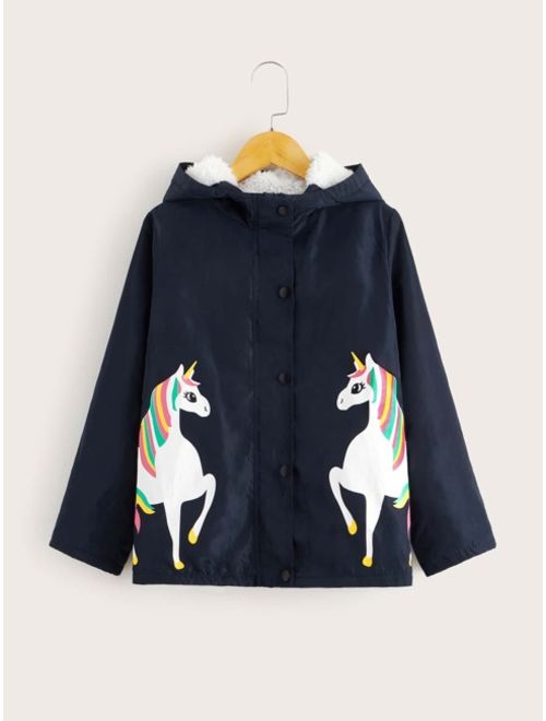 Shein Girls Button Front Contrast Teddy Lined Unicorn Print Coat