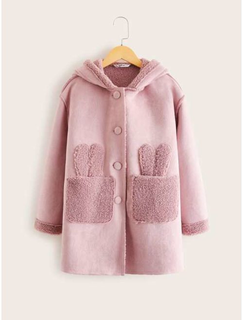Shein Girls Rabbit Ear Patched Faux Shearling Hooded Coat
