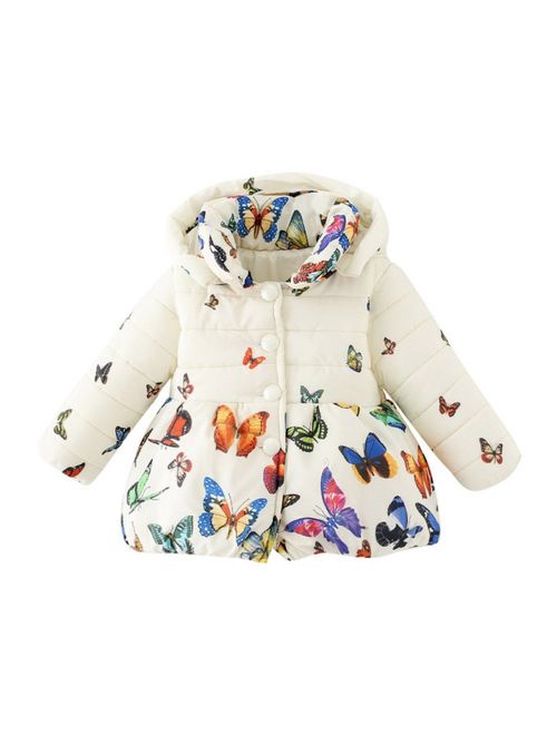 Funcee 0-24M Infant Baby Girl Winter Butterfly Printed Zipper Warm Coat Kids Down Jacket Outwear
