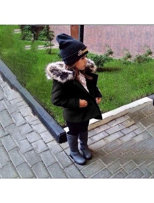 Girls Autumn Winter Outfits Fur Collar Hooded Woolen Trench Coat