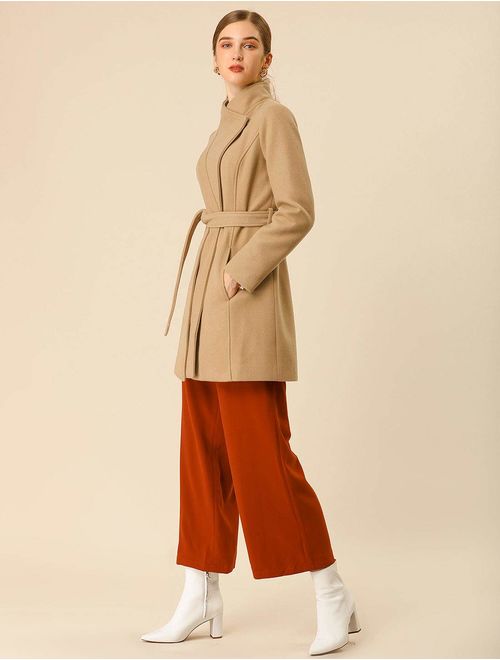 Allegra K Women's Classic Stand Collar Long Sleeve Winter Belted Long Coat