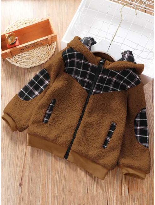 Buy Toddler Boys Contrast Plaid Teddy Hooded Jacket online | Topofstyle