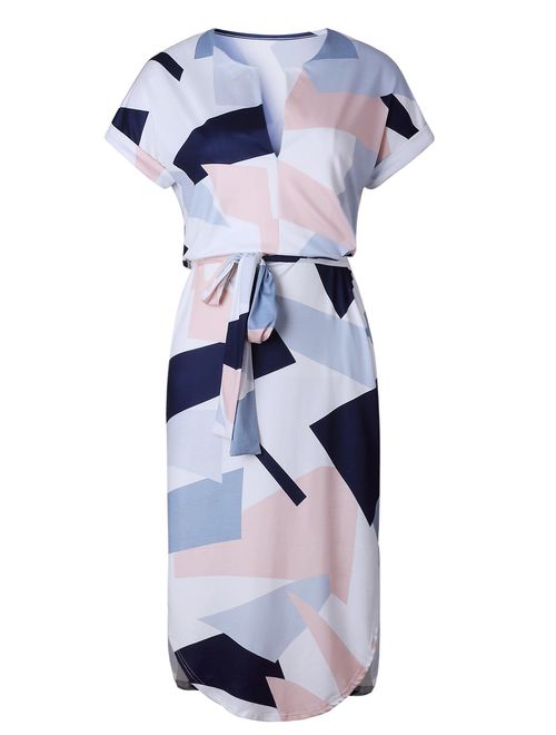 ECOWISH Summer Casual Geometric Pattern Belted Short Side Slit Dress