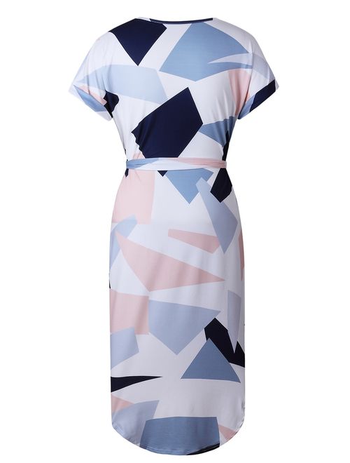ECOWISH Summer Casual Geometric Pattern Belted Short Side Slit Dress