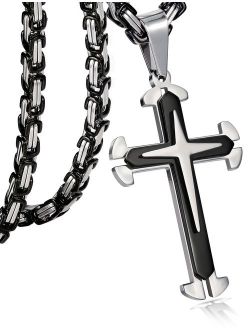 FIBO STEEL Stainless Steel Cross Pendant Mens Byzantine Chain Necklace 5mm Wide, 22-30 inches