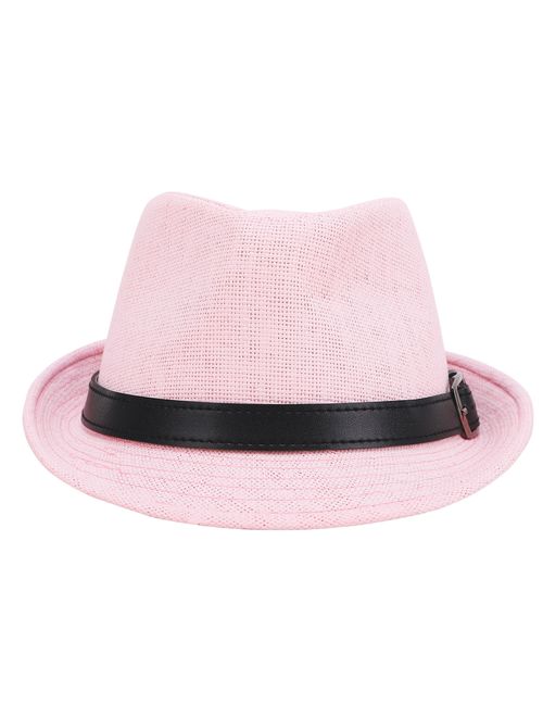 Simplicity Panama Style Trilby Fedora Straw Sun Hat with Leather Belt