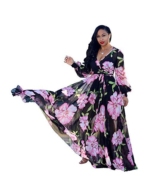 Nuofengkudu Womens Stylish Chiffon V-Neck Printed Floral Maxi Dress with Waisted Belt Plus Size (FBA)