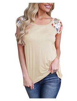 GADEWAKE Womens Casual Floral Print Color Block Short Sleeve T Shirts Blouses Tops