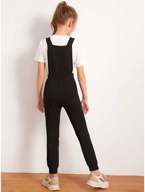 Shein Girls Tied Waist Letter Graphic Pinafore Jumpsuit