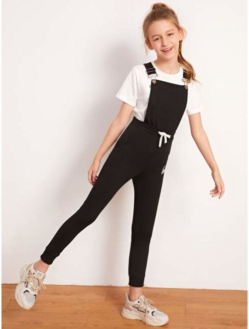 Shein Girls Tied Waist Letter Graphic Pinafore Jumpsuit