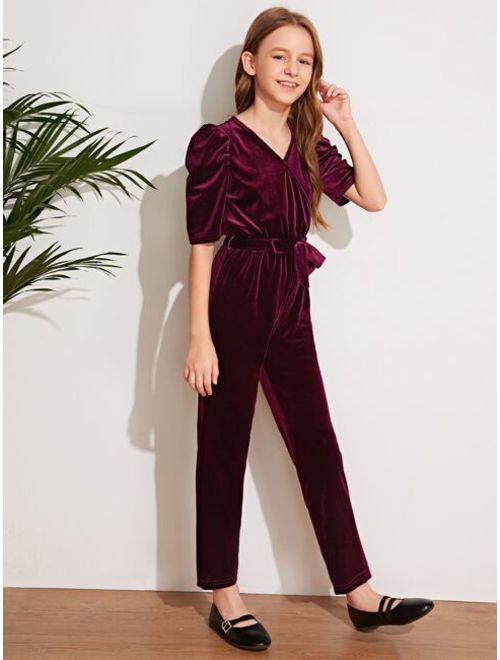 Buy Shein Girls Puff Sleeve Belted Velvet Jumpsuit online | Topofstyle