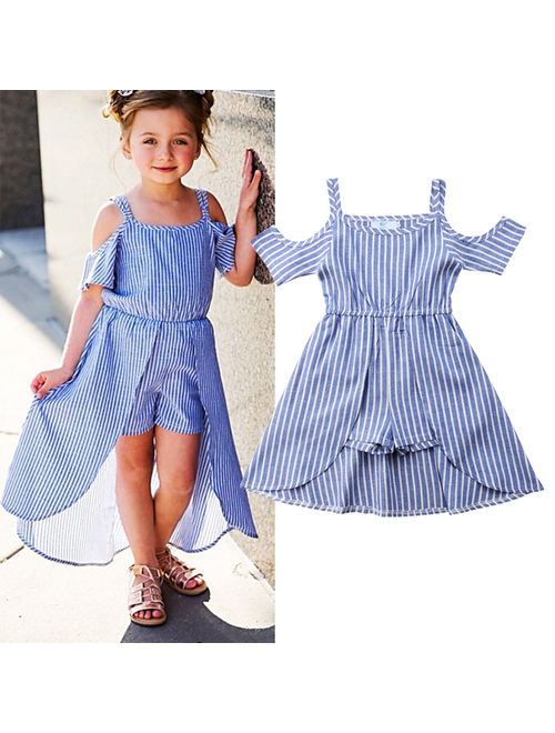 Summer Toddler Kids Girl Striped Off Shoulder Jumpsuit Swing Dress Outfits Clothes