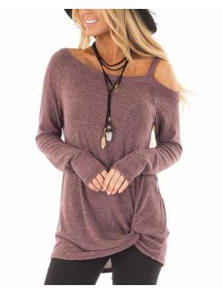 ZILIN Women's Cold Shoulder Casual Solid T-Shirt Knot Twist Front Tunic Blouse Tops