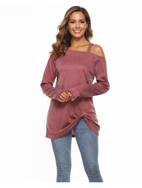ZILIN Women's Cold Shoulder Casual Solid T-Shirt Knot Twist Front Tunic Blouse Tops