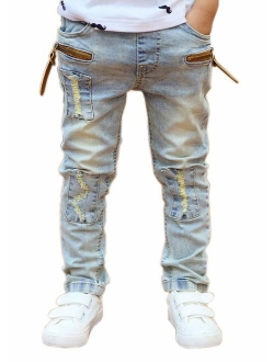 Kihatwin Big Boy's Casual Skinny Ripped Jeans Slim Fit Distressed Zipper Pants with Holes