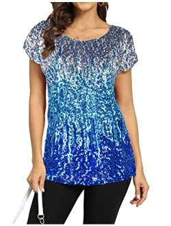 Women's Sequin Top Shimmer Glitter Loose Bat Sleeve Party Tunic Tops