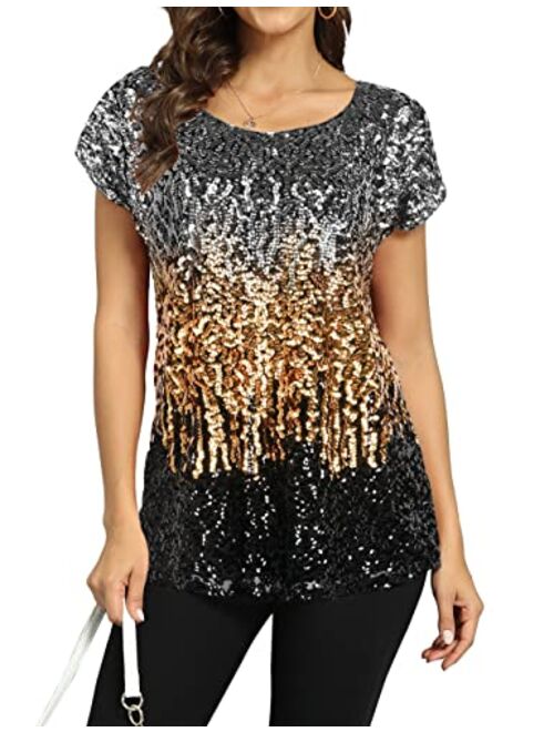 PrettyGuide Women's Sequin Top Shimmer Glitter Loose Bat Sleeve Party Tunic Tops