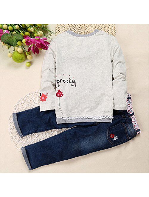 Kids Tales Little Girl's Long Sleeve Cartoon Pullover Shirt and Jeans Pants Outfit Set 