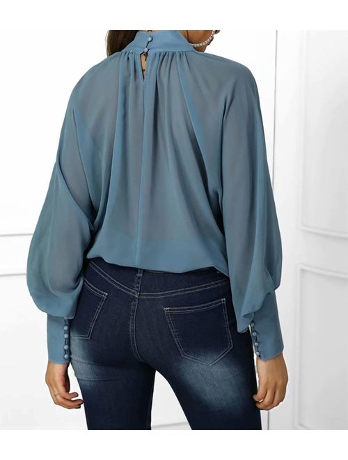 MOUSYA Women High Neck Chiffon Blouse Long Sleeve Blue Blouse Loose Fit Top Shirt for Lady