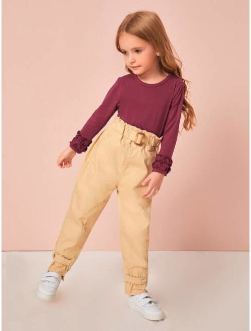 Shein Toddler Girls Ripped Square Buckle Paperbag Pants