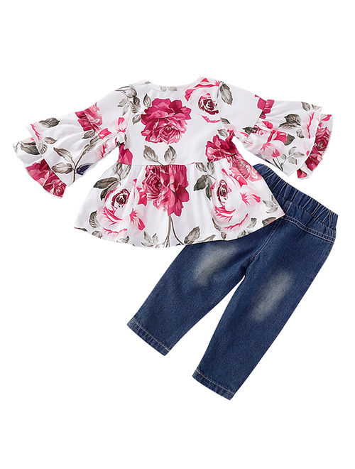KidPika Toddler Kid Baby Girl Autumn Clothes Floral Tops Ripped Jeans Pants Outfits Set