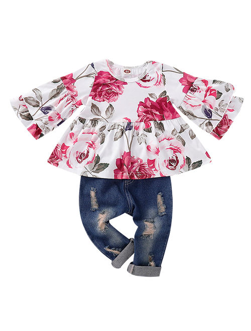 KidPika Toddler Kid Baby Girl Autumn Clothes Floral Tops Ripped Jeans Pants Outfits Set