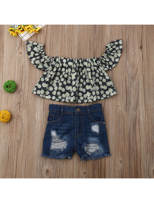 Kid Baby Girl Off Shoulder Floral Crop Top Distressed Short Denim Pants Hollow Jeans Outfit Clothes