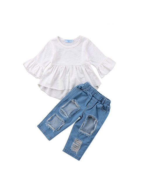 Toddler Kids Girls Tunic Tops + Ripped Denim Jeans Pants Clothing Set