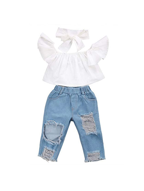 Baby Girls Kids Off Shoulder Top+ Denim Jeans Pants with Headband Outfits Set