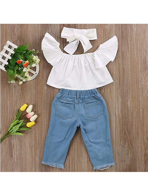 Baby Girls Kids Off Shoulder Top+ Denim Jeans Pants with Headband Outfits Set