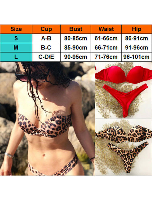 Hirigin Womens Bikini Set Padded Bra Crease Bandeau Swimsuit Beach Swimwear Bathing Suit Red Size S