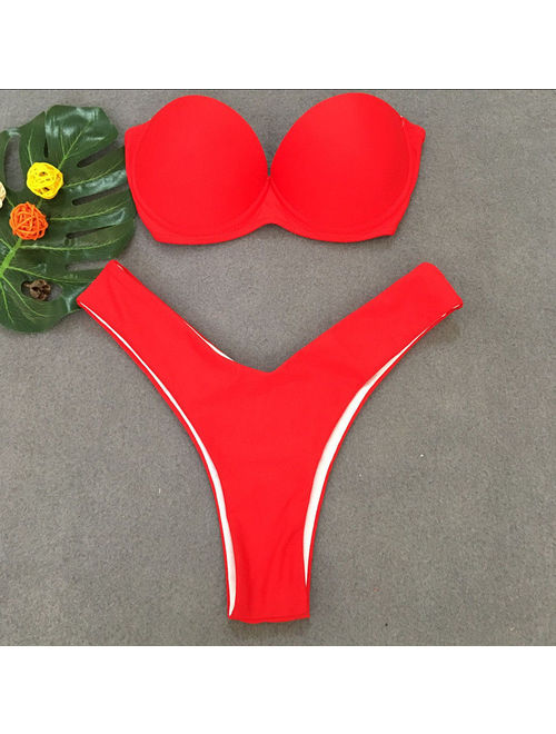Hirigin Womens Bikini Set Padded Bra Crease Bandeau Swimsuit Beach Swimwear Bathing Suit Red Size S