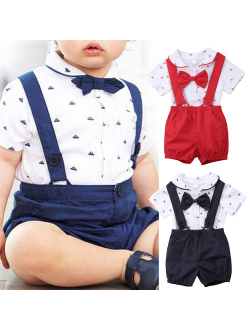 Newborn Infant Toddler Baby Boy Wedding Formal Suit Bowtie Gentleman Romper + Suspender Pants 2pcs Outfit Set 0-24M