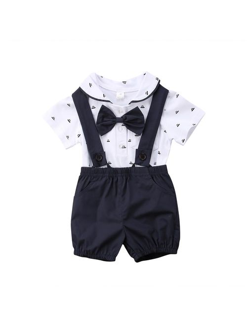 Newborn Infant Toddler Baby Boy Wedding Formal Suit Bowtie Gentleman Romper + Suspender Pants 2pcs Outfit Set 0-24M
