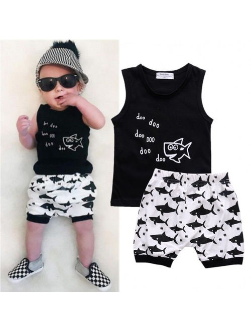 2PCS Baby Boys Cartoon Shark T-shirt Tops Vest Shorts Pnats Summer Outfits Set Clothes