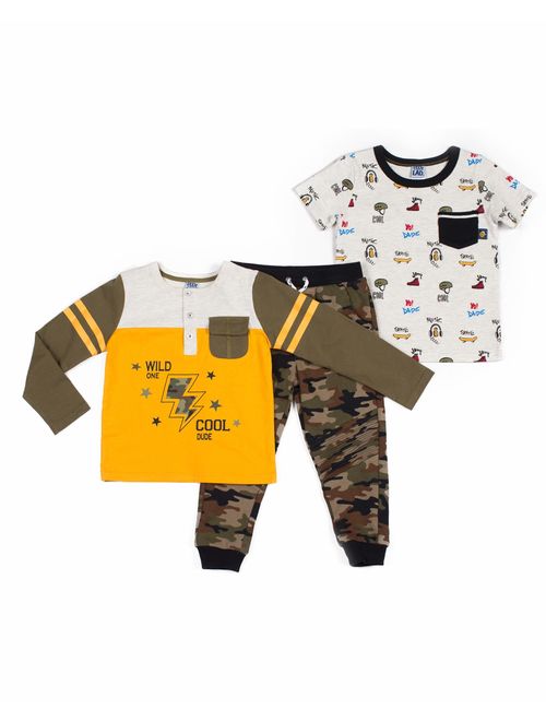Little Lad Baby Toddler Boy Graphic Pocket Raglan Long Sleeve T-shirt, Short Sleeve Graphic T-shirt & Drawstring Jogger, 3pc Outfit Set