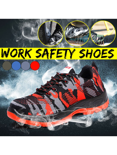 Mens Steel Cap Toe Safety Shoes Work Hiking Boots Protective Military Combat Mesh Breathable Shoes for Outdoor Working Training(Green,Blue,Grey,Red)