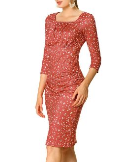 Women's Dot Square Neck 3/4 Sleeve Ruched Bodycon Dress (Size XL / 18) Red