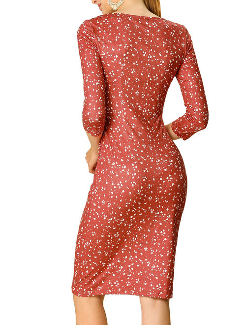 Allegra K Women's Dot Square Neck 3/4 Sleeve Ruched Bodycon Dress (Size XL / 18) Red