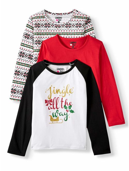 Limited Too Christmas Graphic, Printed, and Solid Long Sleeve T-Shirts, 3-Pack (Big Girls)