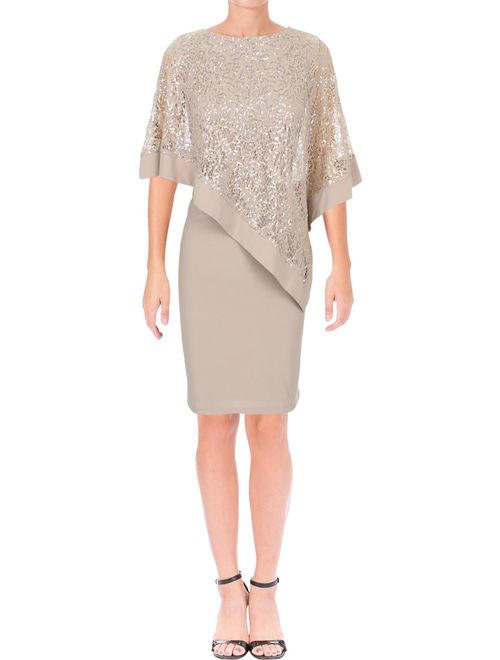 R&M RICHARDS Womens Beige Sequined Pop Over Jewel Neck Above The Knee Sheath Cocktail Dress Size: 10